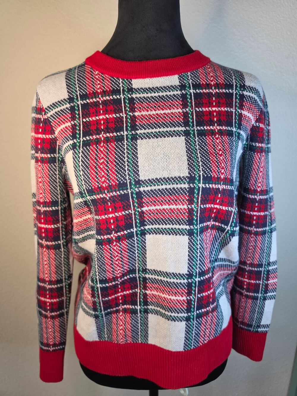 Charter Club Crewneck Sweater Festive Red White, and Green Plaid Ribbed Hem Cozy